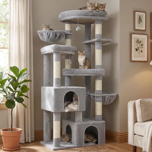 Hey-brother Árbol para gatos, torre de 67.3 pulgadas con 3 camas de plataforma suave, 2 condominios grandes, 9 postes rascadores de sisal, 2 hamacas