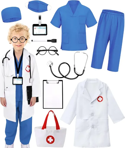 12 piezas de disfraz de médico para niños, uniforme médico con bata de laboratorio/disfraz de enfermera para niños, disfraz de día de la carrera del