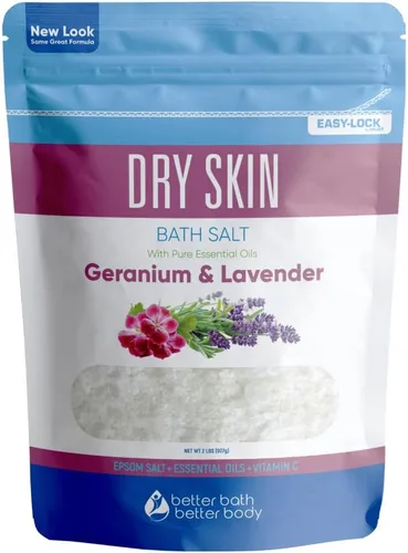 Sal de baño para piel seca, 32 onzas, sal de Epsom con aceites esenciales de geranio natural, lavanda, ylang ylang y limón, además de vitamina C en