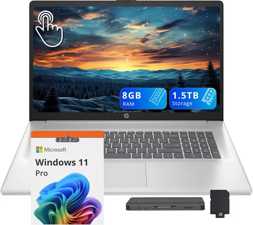 HP Portátil con pantalla táctil HD+ de 17,3", AMD Ryzen 5 7430U, 8 GB de RAM, almacenamiento de 1,5 TB (512 GB SSD + 1 TB Docking Station Set),