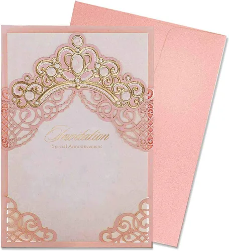 5.4 x 7.3 pulgadas, 50 tarjetas de invitaciones de boda rosadas cortadas con láser con diseño de corona en relieve para quinceañera, boda, despedida