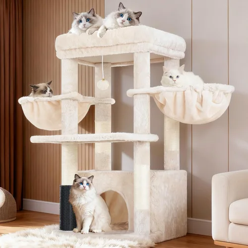 Hey-brother Torre de árbol para gatos con plataforma extragrande, amplio condominio, 2 hamacas acogedoras, cepillo de autoaseo, postes rascadores de