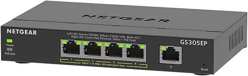 NETGEAR Switch PoE Gigabit Ethernet Easy Smart Managed Essentials de 5 puertos (GS305EP) - con 4 x PoE+ @ 63W, para montaje en escritorio o en pared