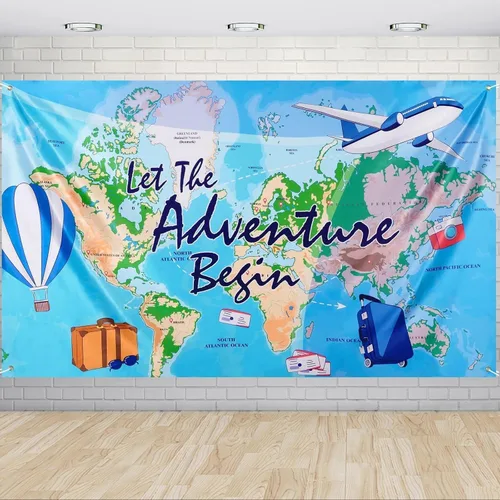 WERNNSAI Bon Voyage - Telón de fondo para fiesta de cumpleaños con temática de viaje, 73 x 43 pulgadas, decoración de fiesta de cumpleaños con