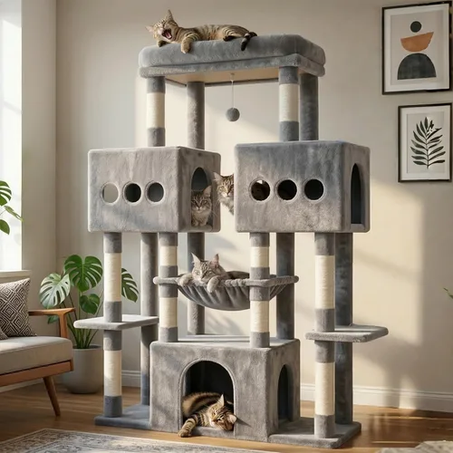 Hey-brother Torre de árbol para gatos, postes rascadores de sisal grande con plataforma grande, 3 amplios condominios, hamaca de felpa, juguete,