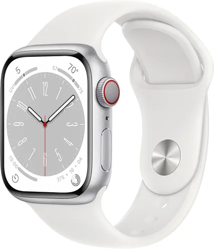Apple Watch Series 8 [GPS + Cellular, 41mm] - Caja de aluminio de color plata con correa deportiva de color blanco, S/M (renovado)