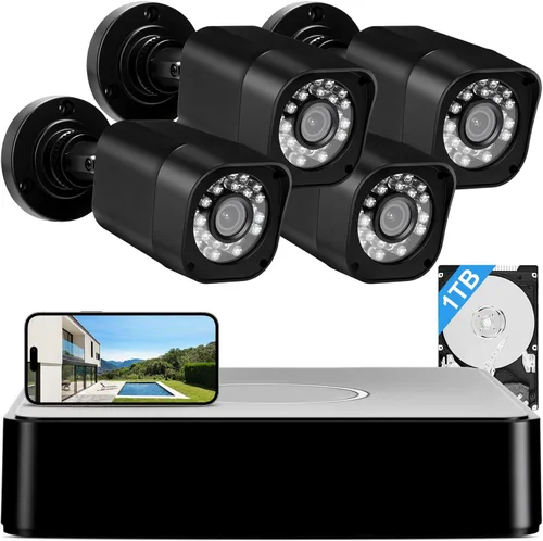 Sistema de cámara de seguridad con cable 1080P, DVR de vigilancia CCTV de 8 canales con disco duro de 1 TB, 4 cámaras de seguridad con cable de 5 MP